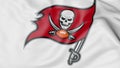 Close-up of waving flag with Tampa Bay Buccaneers NFL American football team logo, 3D rendering