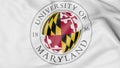 Close-up of waving flag with University of Maryland College Park emblem 3D rendering