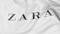 Close-up of waving flag with Zara logo, editorial 3D rendering