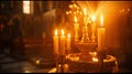 close up of wax candles in russian oryhodox church,golden and umber colors.