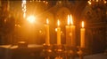 close up of wax candles in russian oryhodox church,golden and umber colors.