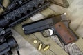 Close-up of a weapons and military equipment for army, Assault rifle gun and small pistol Royalty Free Stock Photo