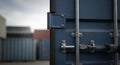 Close-up of a Weathered Blue Shipping Container with Metallic Hardware Outdoors in a Cloudy Environment Royalty Free Stock Photo