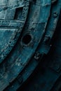 Close-up of a weathered blue submarine hull