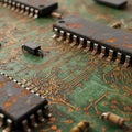 Close-up of a weathered electronic circuit board featuring multiple integrated circuits Royalty Free Stock Photo