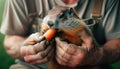 Close up of by weathered men hands, holding cute groundhog enjoys a snack of carrot.