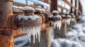 The icy grip of winter is evident on rusty pipes, creating a striking juxtaposition. Royalty Free Stock Photo