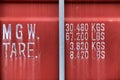 Close up of weathered red shipping container, with loading limit data painted on the door. Royalty Free Stock Photo