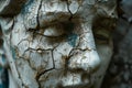 A close-up of a weathered statue showing the cracked and crumbling face of a man, A cracked and crumbling statue symbolizing a