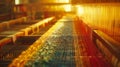 Close-up of weaving loom with colorful threads in warm sunlight. Royalty Free Stock Photo