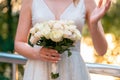 Close up of Wedding bouquet in hands of bride in wedding day