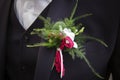 Close up of a wedding boutonniere on the bridegroom suit. The groom chest with green twigs and red berries in buttonhole. Beautifu Royalty Free Stock Photo