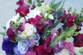 Close Up of Wedding or Bridal Bouquet. Bunch of Purple and Pink Mix of Roses and Other Flowers. Flowers. Greeting Background. Royalty Free Stock Photo