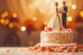 Close up of wedding cake with bride and groom figurine on top