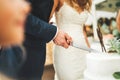 Close up of wedding cake cutting. Newlyweds holding knife together and slicing white wedding cake. Wedding day concept. Royalty Free Stock Photo