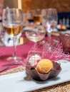 Close-up of a wedding decorated dessert.