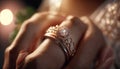 Close up wedding ring in wedding event, Valentines day, newly couple, promise love, symbolic of love, romantic background with