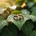 Two wedding rings resting on a green leaf covered in water droplets, symbols of love and commitment. Royalty Free Stock Photo
