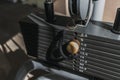 Close up of weight plates machine with yellow pin. Royalty Free Stock Photo