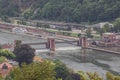 Close up of the weir over the Neckar in Heidelberg with the train station