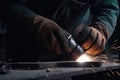 Close up of a welder cutting metal with a grinder, Industrial worker hands closeup view welding mettle, AI Generated Royalty Free Stock Photo