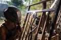 Close-up of a welder working on a decorative grille. Royalty Free Stock Photo