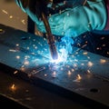A close up of a welding process showing a welding torch actively Royalty Free Stock Photo