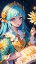 A close-up well dressed vivid anime girl with dandelion flowers in a night scene, dynamic pose, fairy tale, mysterious, wallpaper