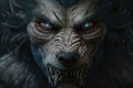 close-up of werewolf's terrifying face, with sharp teeth and piercing eyes