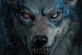 close-up of werewolf's terrifying face, with sharp teeth and piercing eyes Royalty Free Stock Photo