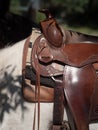 Close up of a western saddle on a white horse. Royalty Free Stock Photo