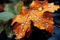 Close-up of wet autumn maple leaf with dew drops. Generative AI Generative AI Royalty Free Stock Photo
