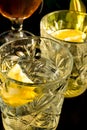 Close up of a wet glass of cold light beer with foam and vermouth Martini alcohol cocktail with yellow lemon slice and ice cubes o Royalty Free Stock Photo