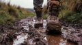 Wet Hiking Boots on Muddy Countryside Trail generative ai Royalty Free Stock Photo