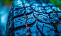 Close-up of a wet tire tread pattern with water droplets and reflective particles, emphasizing vehicle safety and performance in Royalty Free Stock Photo