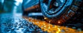 Close-up of a wet tire tread pattern with water droplets and reflective particles, emphasizing vehicle safety and performance in Royalty Free Stock Photo