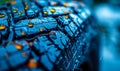 Close-up of a wet tire tread pattern with water droplets and reflective particles, emphasizing vehicle safety and performance in Royalty Free Stock Photo