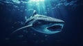 Close up of a Whale Shark swimming in the deep Ocean. Natural Background with beautiful Lighting