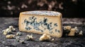 Close-up of a wheel of blue cheese with crumbs on a dark surface. Royalty Free Stock Photo