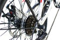 Close up wheel and chain of mountain biking. Landscape view of disc break system and front Derailleur of moutain bike.