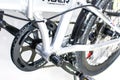 Close up wheel and chain of mountain biking. Landscape view of disc break system and front Derailleur of moutain bike. Royalty Free Stock Photo