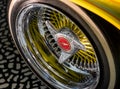 Close up of wheel of Chevrolet Impala car at the Victoria and Albert Museum, London UK