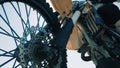 Close up of a wheel of an FMX motorbike