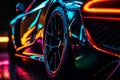 Wheel rim of a speed sports car with vibrant colors and neon lights, exuding a sense of speed and excitement. Racing Car Rims in Royalty Free Stock Photo