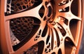 A close up of a wheel with a shiny orange finish, AI