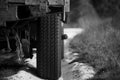 Close up of wheel tyre track on dirt sand or mud at outdoor,Off road track