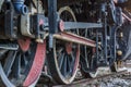 Vintage black steam locomotive train with close-up wheels and parts Royalty Free Stock Photo