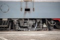 Close-up of wheelset on railway tracks. A wheelset is the wheel-axle assembly of a railroad car Royalty Free Stock Photo