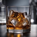 A close-up of a whiskey glass with a single large ice cube2