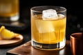 close up of a whiskey sour cocktail with ice cubes surrounding it Royalty Free Stock Photo
